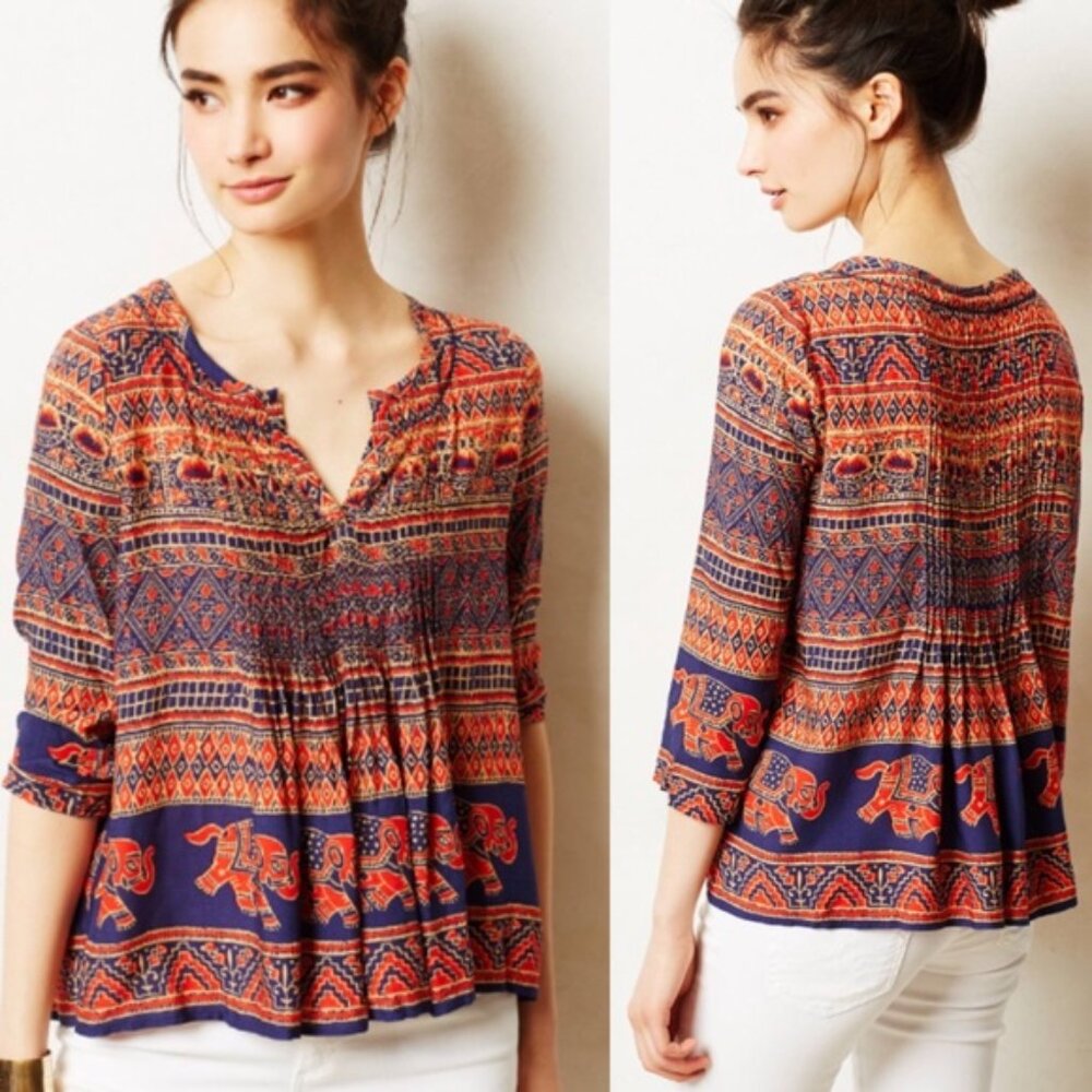 Anthropologie Vanessa Virginia Mahdia Elephant Print Peasant Top, Size 2